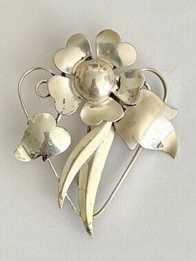 Vintage TruArt Sterling Silver Floral Heart Brooch Signed